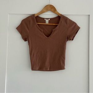 Brown Ribbed Short Sleeve Top